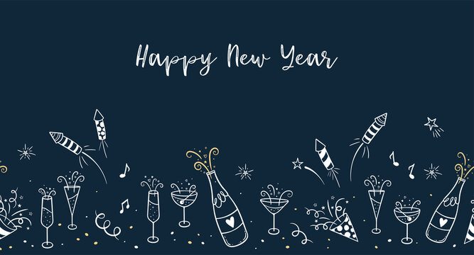 Lovely hand drawn New Years Design, doodle firework, cocktails, streamers and decoration, great for party invitations, banners, wallpapers - vector design