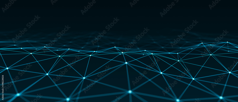 Poster perspective network of connected dots and lines. abstract dynamic wave of many points. digital backg