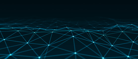 Perspective network of connected dots and lines. Abstract dynamic wave of many points. Digital background. 3D rendering.