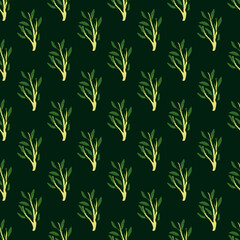 Contrast green leaves branches ornament seamless doodle pattern. Dark green background.