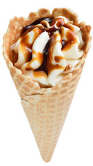 Ice cream in a waffle cone with caramel isolated