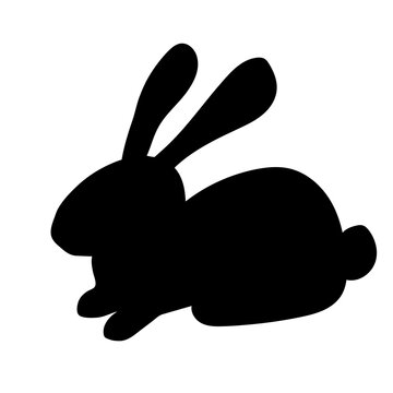 Simple vector freehand drawing. Black silhouette of a hare rabbit on a white background. Pet, nature, forest animal. For prints of stickers, labels.
