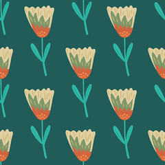 Fototapeta na wymiar Seamless nature pattern with hand drawn flower simple silhouettes. Turquoise background.