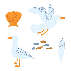 Set gulls isolated on white background. Hand drawn cute cartoon character gull fly, stand, pebble, seashell and feather.