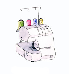 Watercolor illustration white sewing machine, overlock