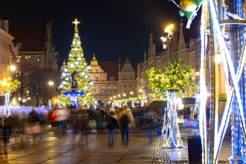 Neptune Fountain and a Christmas tree in the old town of Gdańsk. Poland