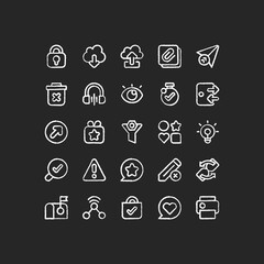 Interface chalk white icons set on black background. Downloading and uploading different personal data. Print your text documents. Sending messages. Isolated vector chalkboard illustrations