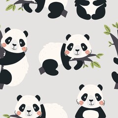 Seamless pattern with cute Panda bears isolated on a colored background. Vector illustration in a modern cartoon style, for printing on packaging paper, postcard, poster, banner, clothing. 