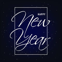 Happy New Year white text hand lettering. Vector illustration. Design element for posters, banners, flyers, greetings, invitation and gift card