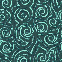 Seamless vector pattern of spirals, ragged lines and corners in Tidewater Green tones. Texture of swirls and curls