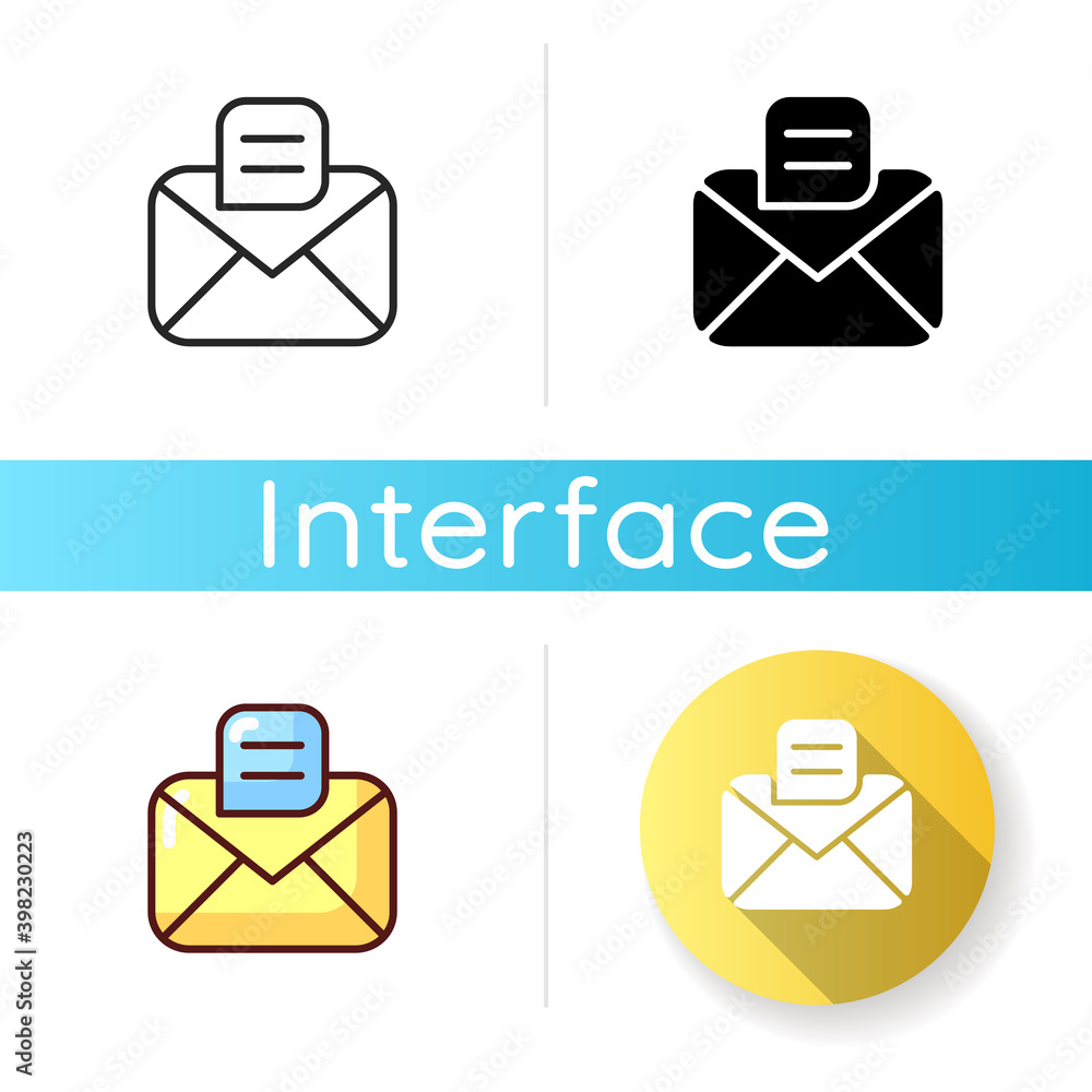 Poster Message app icon. Texting and chat application. Messenger conversations. Sending emails and text messages. SMS and MMS. Linear black and RGB color styles. Isolated vector illustrations