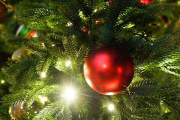 Red shiny christmas ball on a cristmas tree with lights close up view