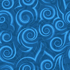 Seamless vector pattern of spirals of flowing lines and corners of turquoise color on a blue background.Texture of swirls and curls