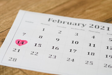 February 14, 2021 on the calendar, Valentine's day, heart from pink felt tip pen