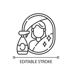 Wiping mirror linear icon. Domestic chore, bathroom cleaning. Household hygiene, housekeeping thin line customizable illustration. Contour symbol. Vector isolated outline drawing. Editable stroke