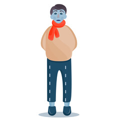 Frostbitten man frozen with turns on his pants isolated on a white background. Frostbite in the cold season. Vector illustration..