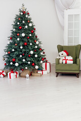 New Year's Happy Christmas Tree decor presents interior postcard