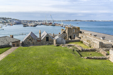 View of Castle Cornet. Castle Cornet has guarded Saint Peter Port for 800 years. British Crown dependency in English Channel off coast of Normandy.