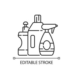 Cleaning products linear icon. Janitorial supplies, household cleaning and housekeeping thin line customizable illustration. Contour symbol. Vector isolated outline drawing. Editable stroke