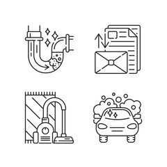 Housekeeping services linear icons set. Plumbing, mail sorting, vacuum cleaning and car washing customizable thin line contour symbols. Isolated vector outline illustrations. Editable stroke
