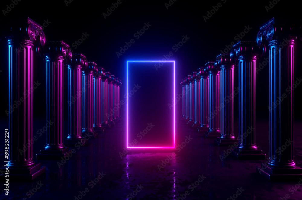 Poster 3d render of geometric background with columns and glowing neon lights. blank rectangular frame with