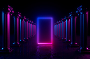 3d render of geometric background with columns and glowing neon lights. Blank rectangular frame with copy space.