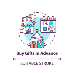 Buying gifts in advance concept icon. Shopping tip idea thin line illustration. Post-holiday sales. Picking discounted presents. Vector isolated outline RGB color drawing. Editable stroke