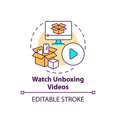 Watching unboxing videos concept icon. Informed customer tip idea thin line illustration. Showing product in use. Online review. Vector isolated outline RGB color drawing. Editable stroke