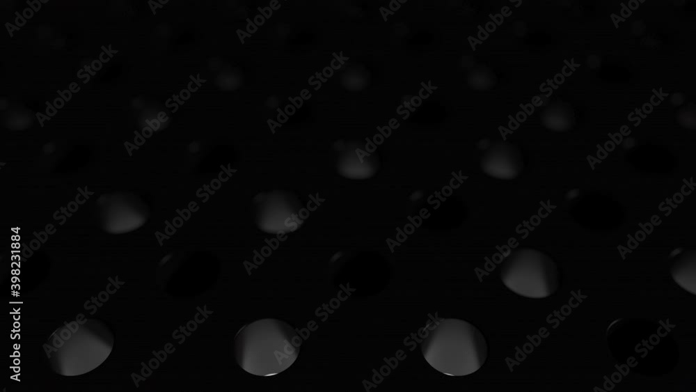 Poster white glowing spheres jump from one hole to another. dark reflective surface with holes and bouncing