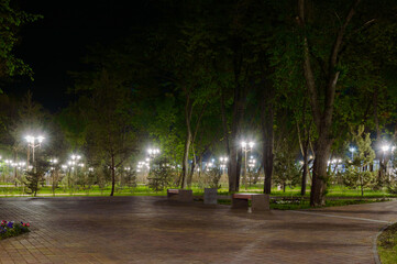 Obraz premium Park on Embankment of left side Don river in Rostov on Don. Night illumination view