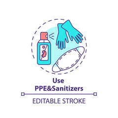 Obraz premium Using PPE and sanitizers concept icon. Safe shopping during Covid tip idea thin line illustration. Infection control practices. Vector isolated outline RGB color drawing. Editable stroke
