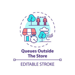Queues outside store concept icon. Safe shopping during Covid tip idea thin line illustration. Social distancing at supermarket. Vector isolated outline RGB color drawing. Editable stroke