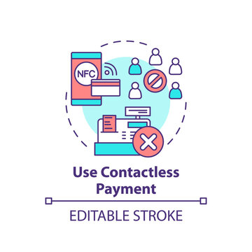 Using Contactless Payment Concept Icon. Safe Shopping During Covid Tip Idea Thin Line Illustration. Using Mobile Wallet On Smartphone. Vector Isolated Outline RGB Color Drawing. Editable Stroke