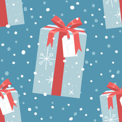 Cartoon Seamless Pattern with Snowy Christmas Gift Box. Creative Flat Style Art Work Collection. Actual vector drawing of Holiday Things Packing. Cozy Winter Illustration