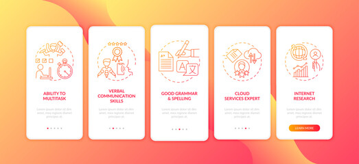 Virtual assistant skills red onboarding mobile app page screen with concepts. Multitasking employee walkthrough 5 steps graphic instructions. UI vector template with RGB color illustrations