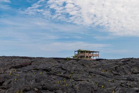wooden house on the lava