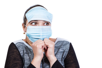 Funy woman in mask. Fobia of COVID. Fear of sikness
