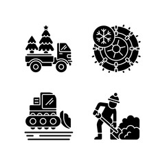 Winter holidays service black glyph icons set on white space. Christmas tree delivery to your home. Studded tires and chains for your car. Silhouette symbols. Vector isolated illustration