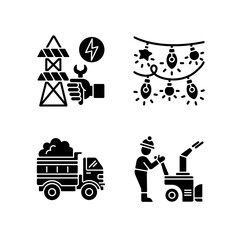 Winter city service black glyph icons set on white space. Repairing power lines between big cities. Colorful christmas lights. Snow blowing machine. Silhouette symbols. Vector isolated illustration