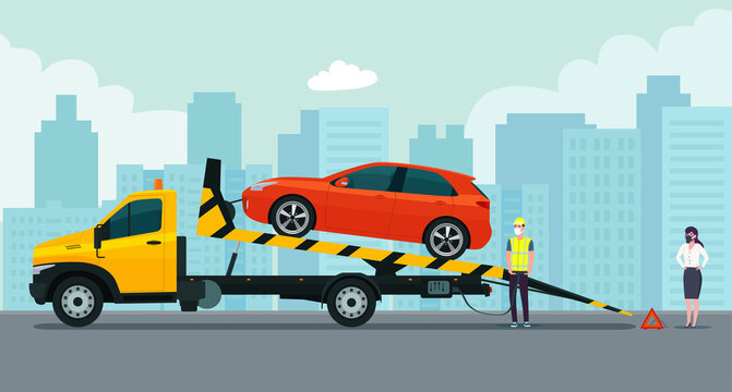 The driver in medical mask of the tow truck is loading the faulty car. Woman car owner watches loading. Vector flat style illustration.