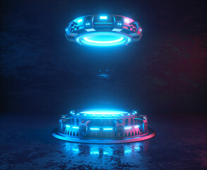 Futuristic 3d render mockup. Space theme illustration. Cyber platforms with glowing neon lights.  © Михаил Богданов