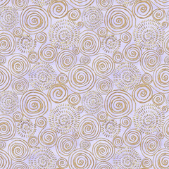 Abstract seamless pattern with 3d golden glittering acrylic paint round spiral circles on purple background