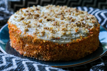 Delicious carrot cake on minimalist abstract geometric background