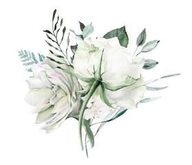 Watercolor white roses clipart, Floral clipart with white flowers and greenery  for wedding invitations, valentine cards, feminine logo