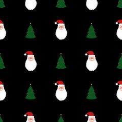 Seamless pattern with green christmas trees and Santa on black background. Abstract ,wrapping decoration. Merry Christmas holiday, Happy New Year