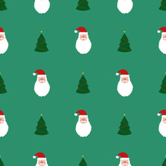Seamless pattern with green christmas trees and Santa on green background. Abstract ,wrapping decoration. Merry Christmas holiday, Happy New Year