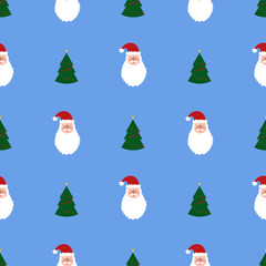 Seamless pattern with green christmas trees and Santa on blue background. Abstract ,wrapping decoration. Merry Christmas holiday, Happy New Year