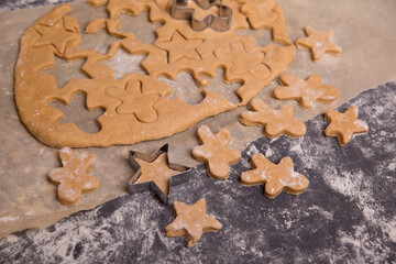  Homemade uncooked dough cookies, gingerbread making process. cut out Christmas cookies.