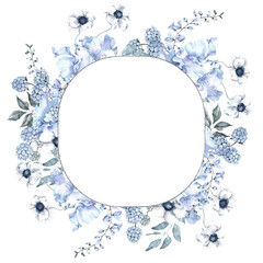 Watercolor frame with frosty winter flowers, leaves and berry, isolated on white background