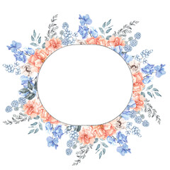 Fototapeta na wymiar Watercolor frame with frosty winter flowers, leaves and berry, isolated on white background